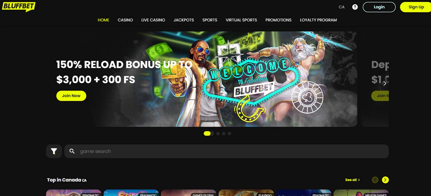 Bluffbet casino welcome screen