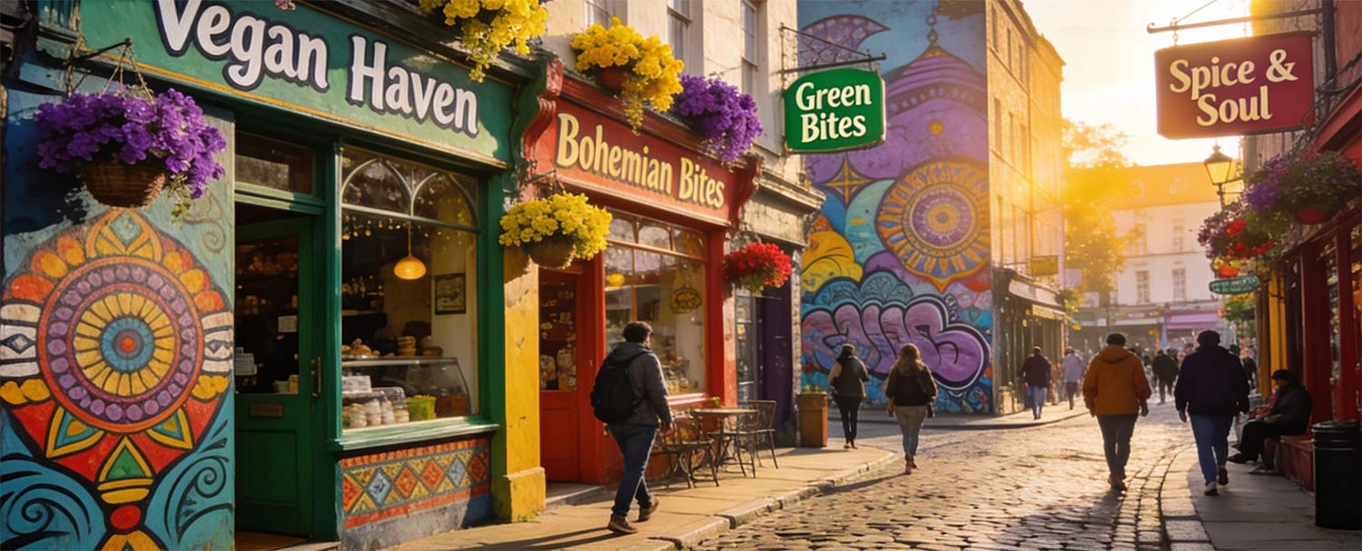 Colorful storefront facades in Kensington Market Toronto with vegan bakery signs and street art, sunny summer day