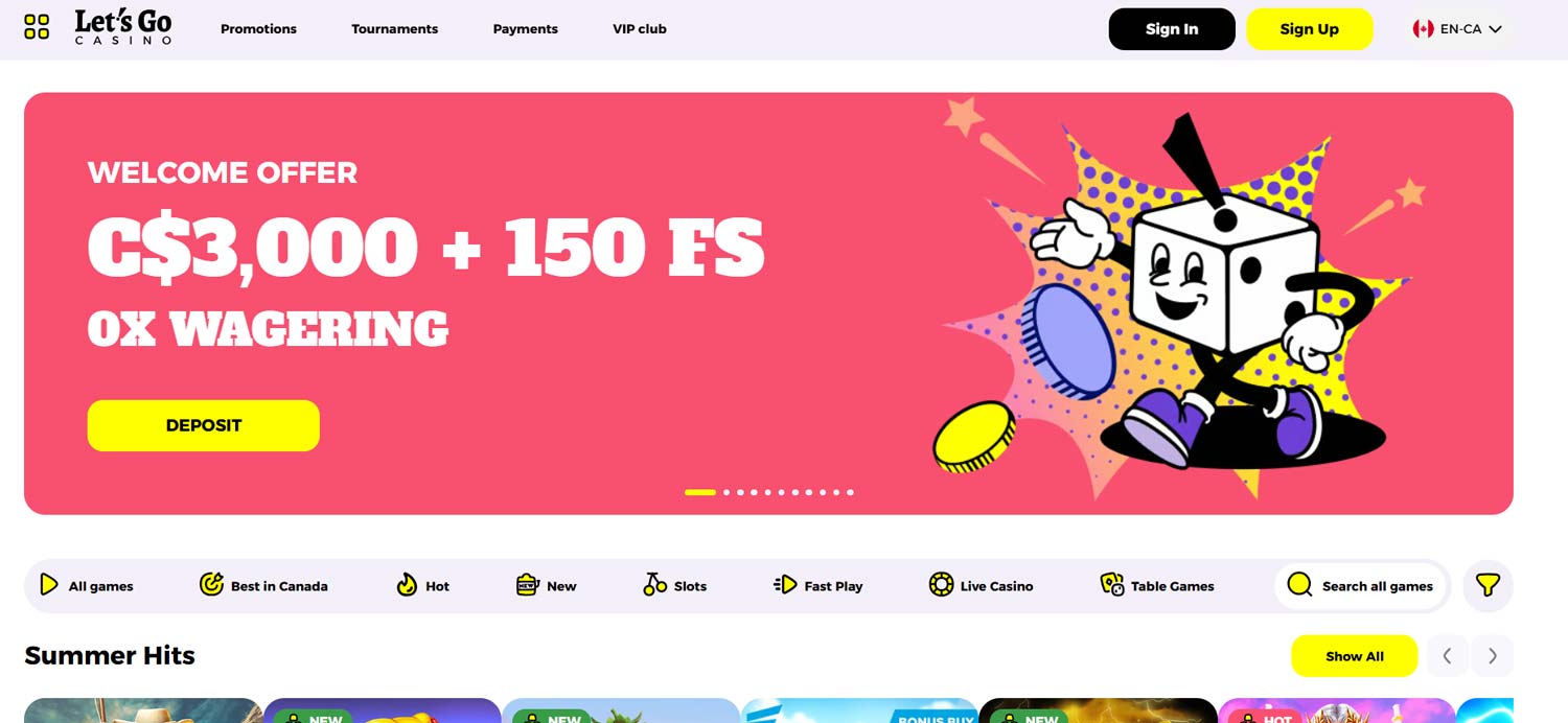 Let’s Go Casino welcome screen