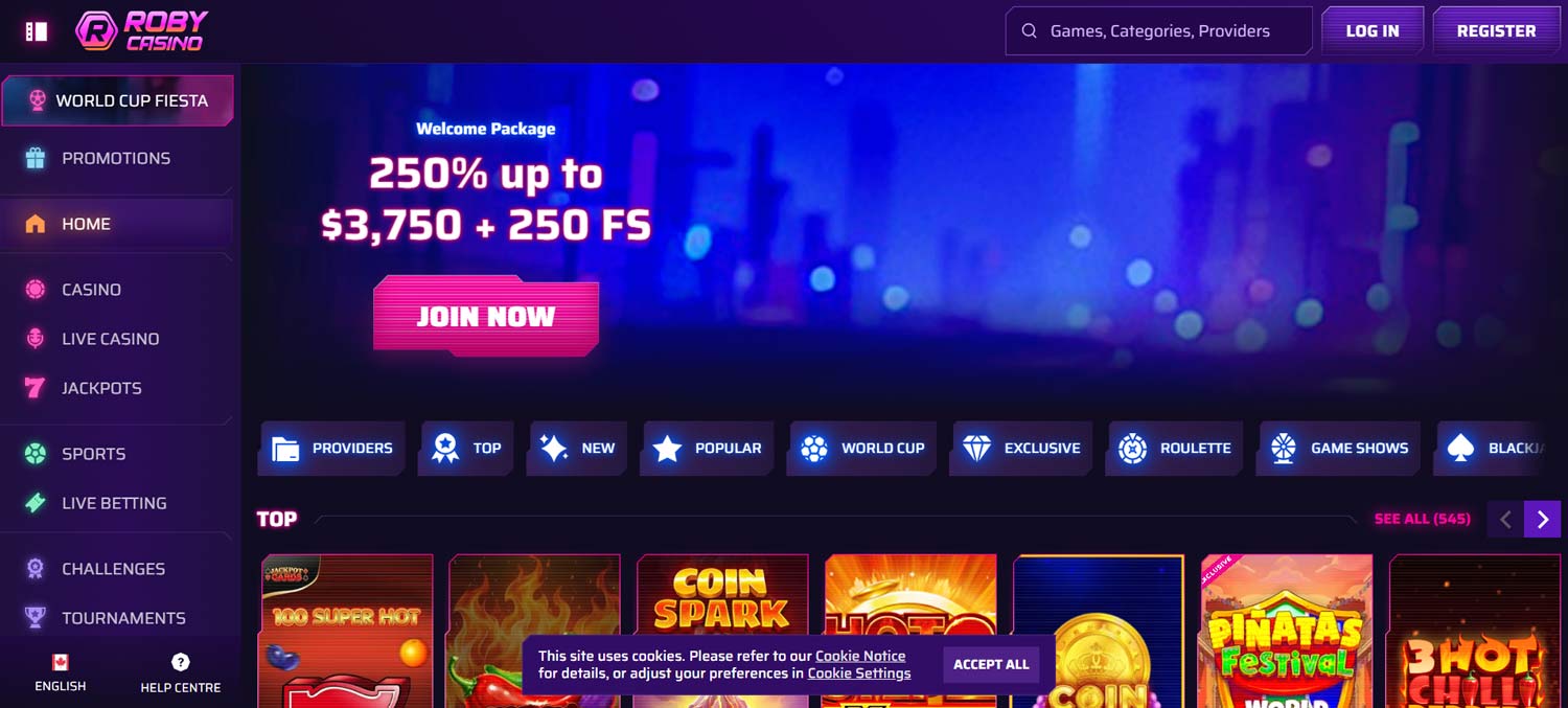 Roby Casino welcome screen