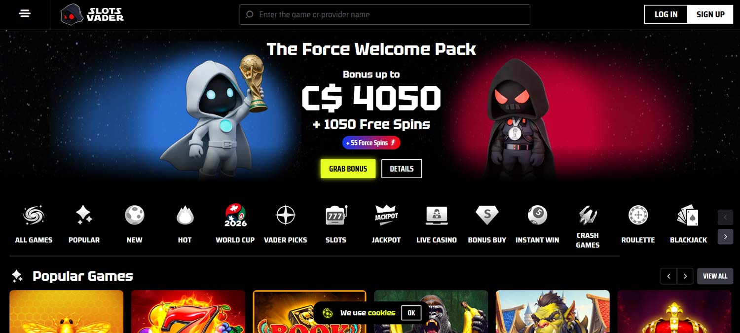 Slots Vader Casino welcome screen