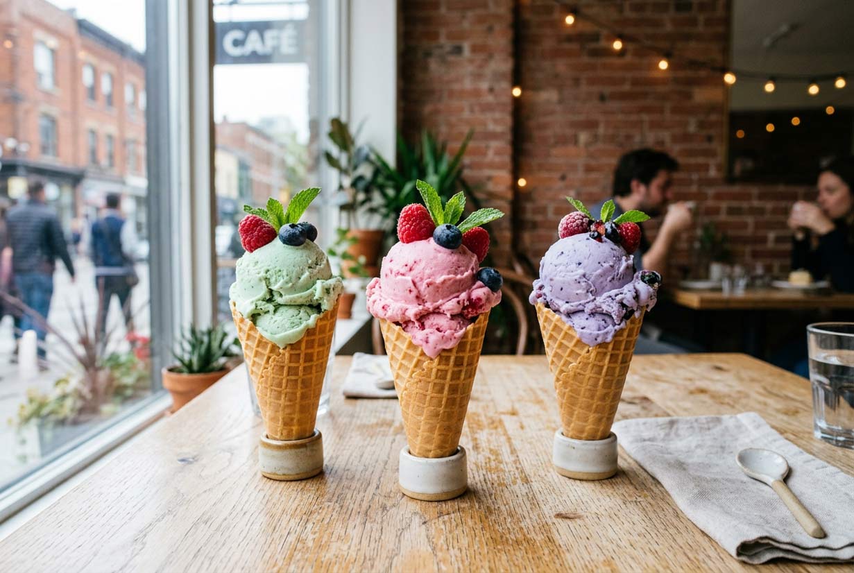 Colorful dairy-free ice cream scoops in waffle cones with fresh berries, Toronto vegan dessert scene