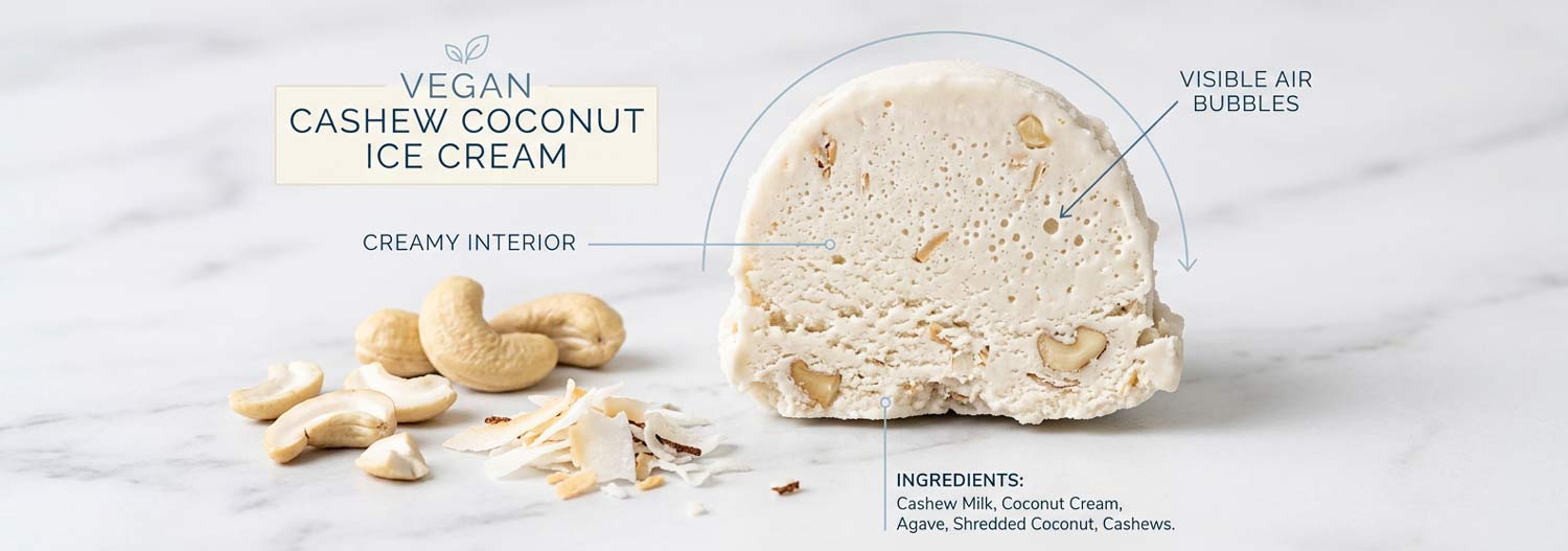 Cross-section diagram showing cashew coconut base, stabilizers and air bubbles structure in vegan ice cream compared to dairy