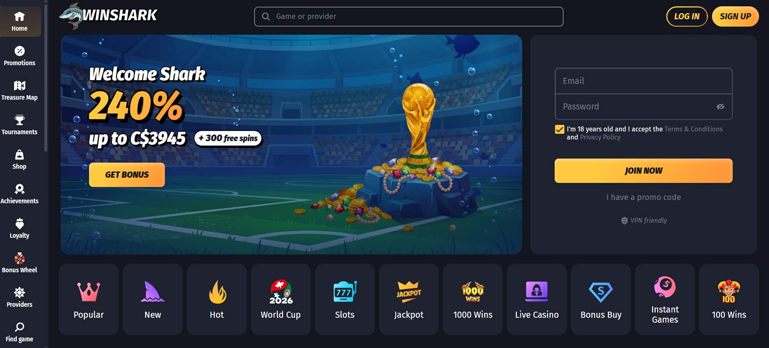Winshark Casino welcome screen